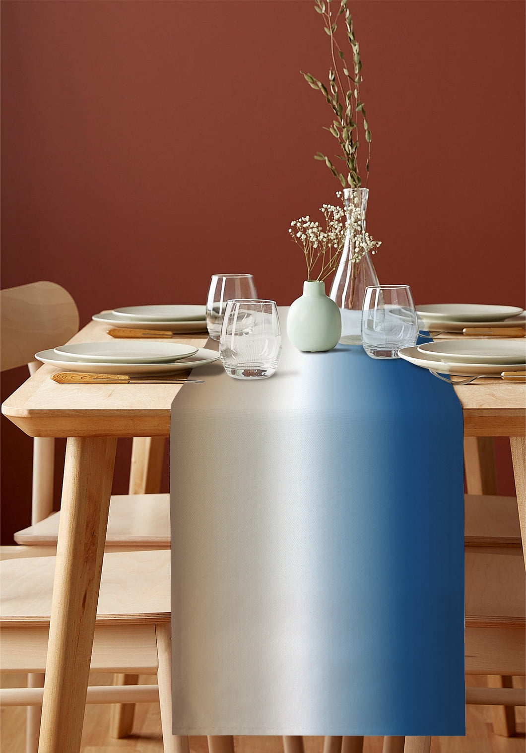 Ldtrchee Modern Ombre Colored, Table Runner 36 Inches, Abstract Ombre Blue Khaki Bed Runner Dresser Scarves Tabletop for Indoor Outdoor Parties/Ceremony/Banquet, 13"x 36"