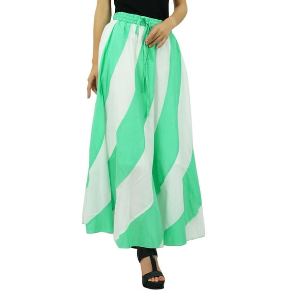 Bimba Womens Long A-Line Maxi Spiral Summer Skirt Cotton With Back Elastic & Side Zip