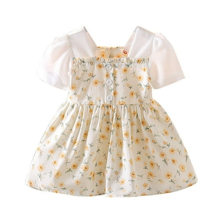 

Pedort Girls Special Occasion Dresses Floral Girl Smocked Elastic Printed Dress Summer Casual Wear Yellow 90