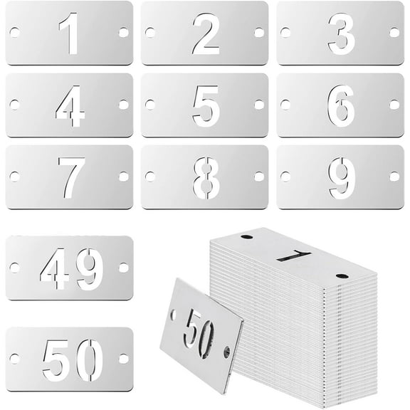 50Pcs Metal Numbered Tags 1-50 Stainless Steel Key Tags Rectangle Hollow Numbered Tags with Two Holes for Classify and Identify Items 1.57×0.78inch