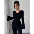 thumbnail image 4 of Women Long Sleeve Cowl Neck Ribbed Knit Fall Shirts Slim Fit Ruched Going Out Crop Tops Basic T-Shirts Black XL, 4 of 8