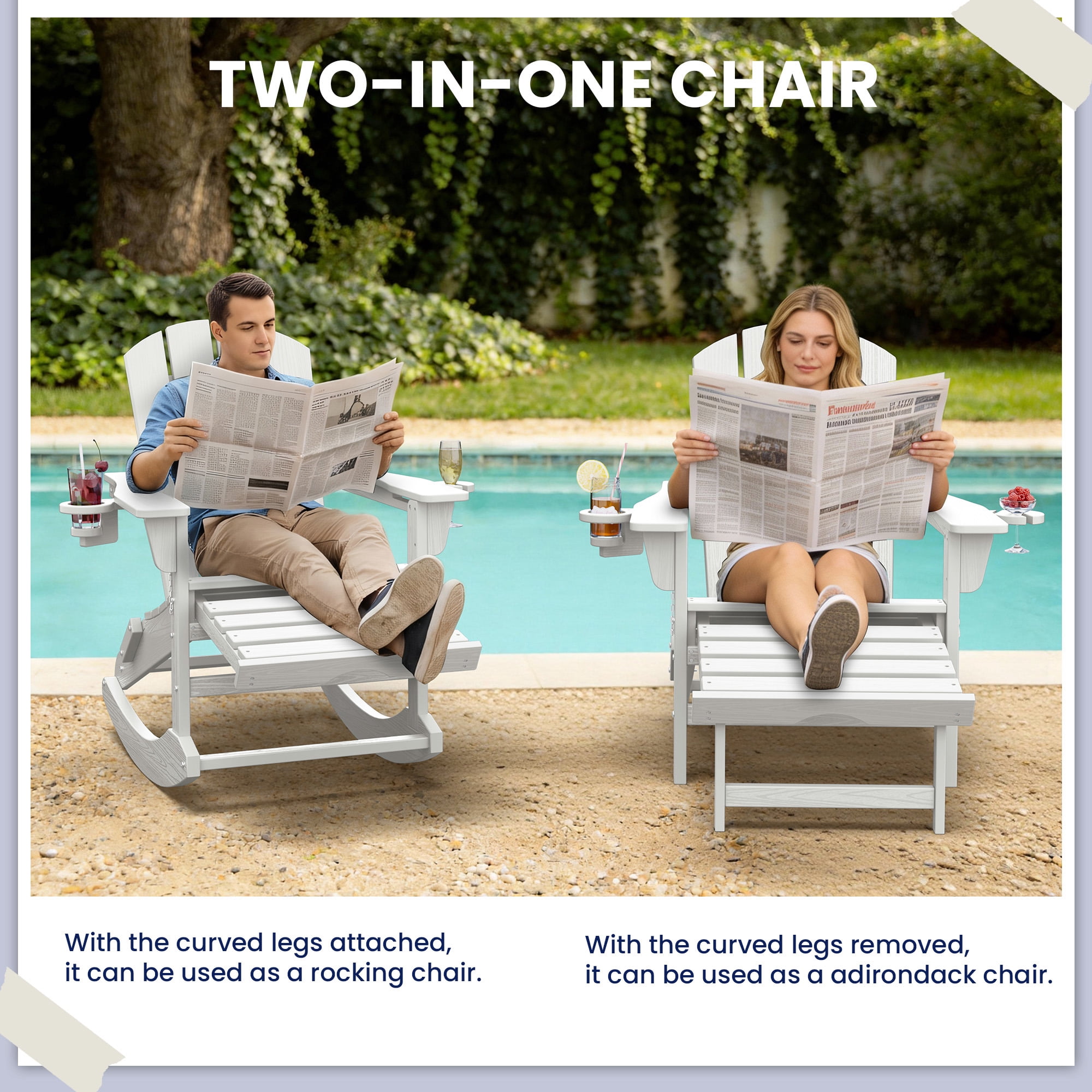 KINGYES Adirondack Rocking Chair with Retractable Ottoman and Cup Holders, HDPE Adirondack Rocker, Patio Rocking Chair for Porch, Patio