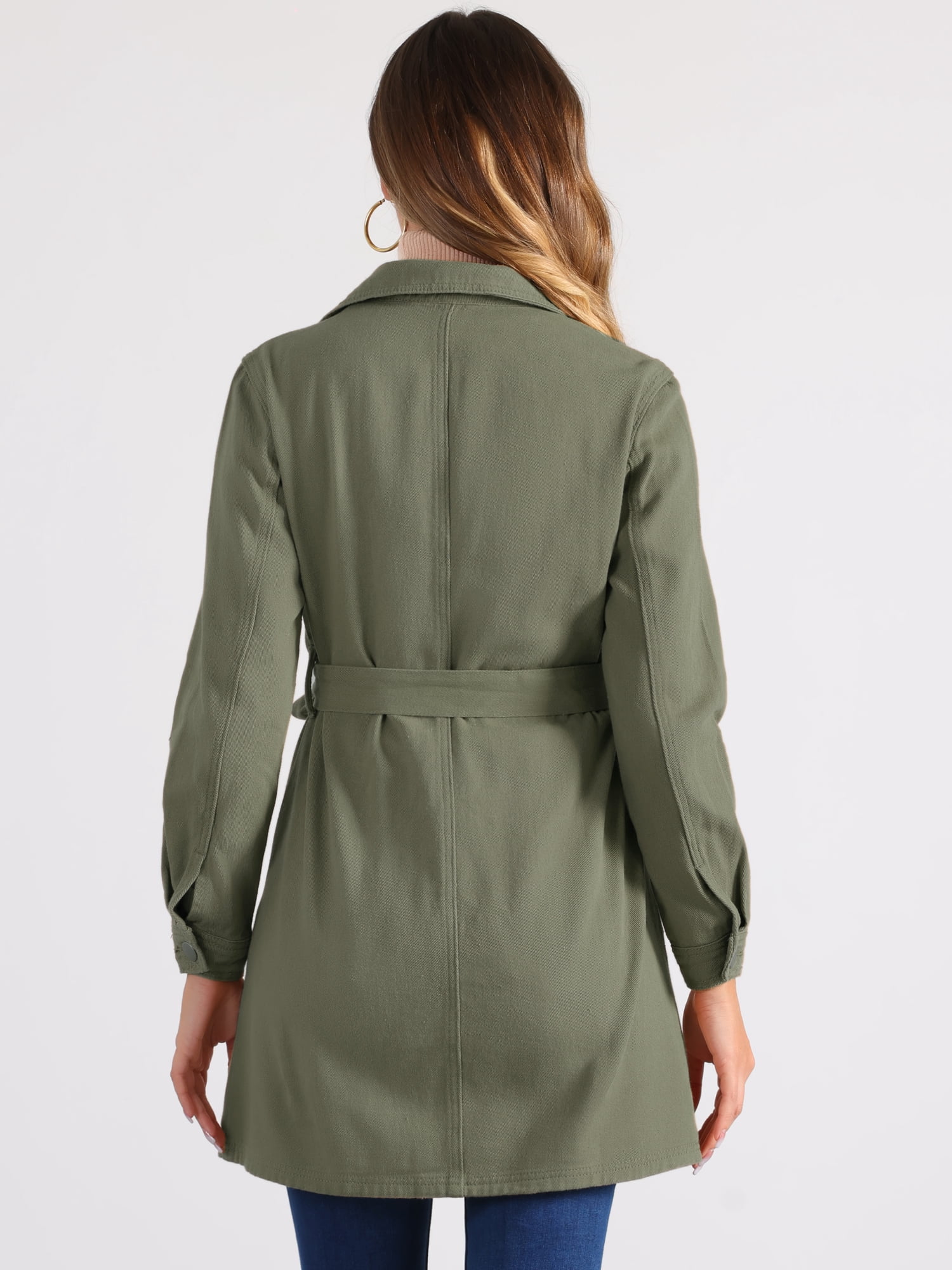 DARING DIVA Trench Jean Notched Lapel Long Sleeve Denim Jacket L Army Green