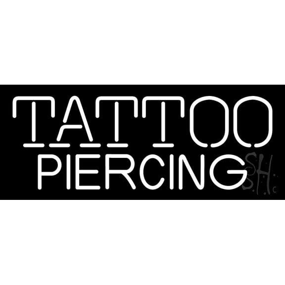 White Tattoo Piercing LED Neon Sign 10" Tall x 24" Wide - inches Black Square Cut Acrylic Backing, with Dimmer - Premium built indoor Sign for Storefront, Store interior, Studio.