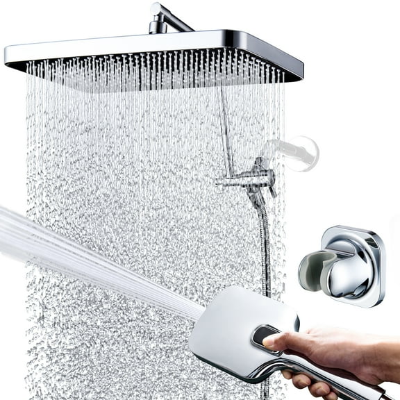 G-Promise 13 Inches Rain Shower Head with 4-Mode Wand Combo, 13 Inches Adjustable Extension Arm, 3-Way Diverter Valve and Extra Long Flexible Hose