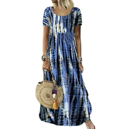 

Avamo Casual Tie Dye Swing Long Dress for Women Short Sleeve Summer Beach Maxi Dress Comfy Pajamas T Shirt Dress