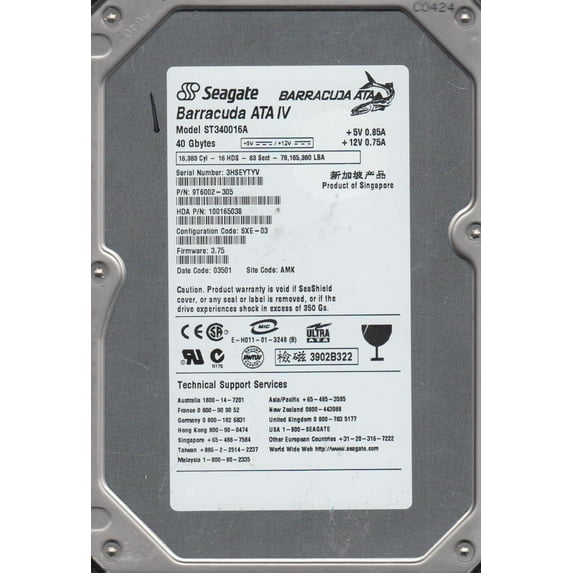 ST340016A, 3HS, AMK, PN 9T6002-305, FW 3.75, Seagate 40GB IDE 3.5 Hard Drive