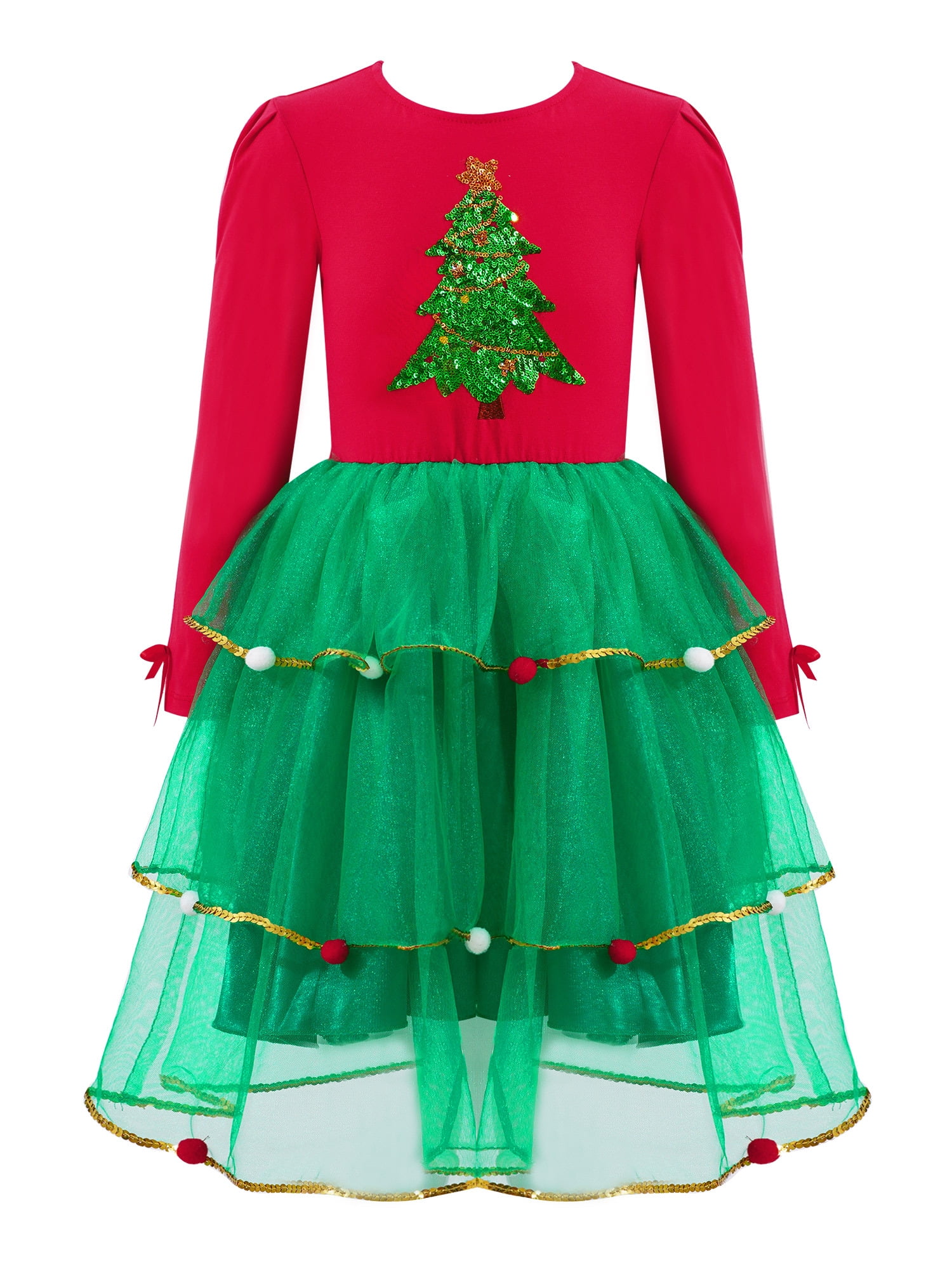 YiZYiF Kids Girls Christmas Party Costume Sequins Christmas Tree 