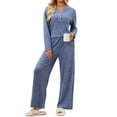 thumbnail image 2 of Usloyux Women's 2 Piece Lounge Set V Neck Long Sleeve Pullover Top and Wide Leg Pants Matching Tracksuit Outfits with Solid Casual Style, Blue XL, 2 of 8