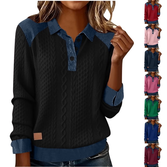 YHAJDS Long Sleeve Shirts Women Solid Color Denim Panel Turn Down Collar Top