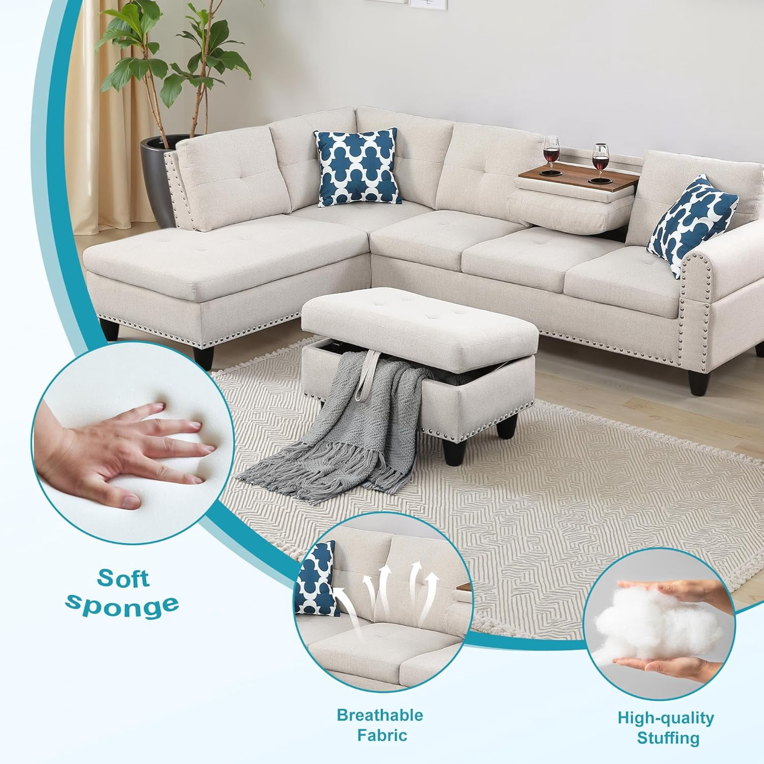 AENKYO 98" L-Shaped Sectional Sofa with Reversible Chaise, Storage Ottoman & Cup Holders, Faux Leather, Beige