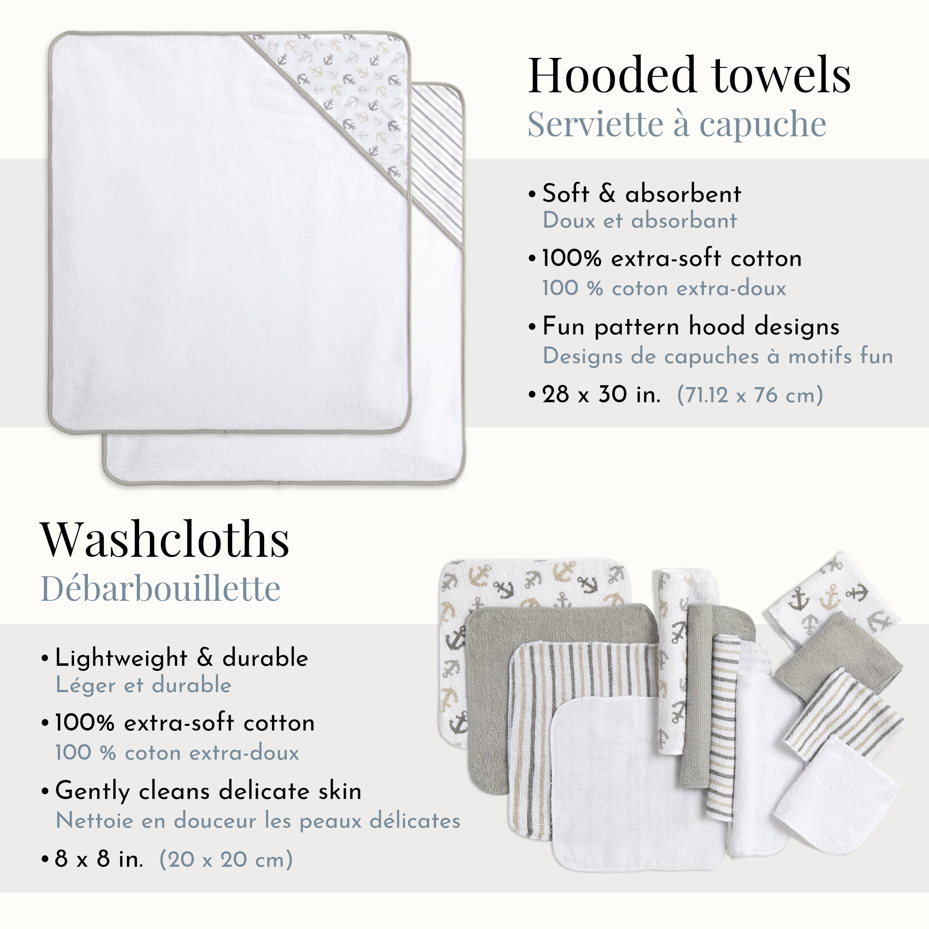 Dream On Me Baby 2 Piece Hooded Towels & 12 - Piece Washcloth Set in Soft Grey