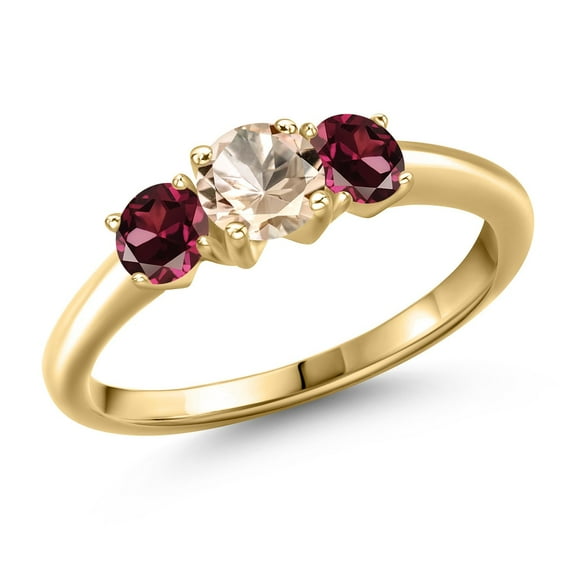 Gem Stone King 10K Yellow Gold Peach Morganite and Red Rhodolite Garnet Engagement Ring for Women | 1.14 Cttw | Round 5MM | Gemstone October Birthstone | Size 6