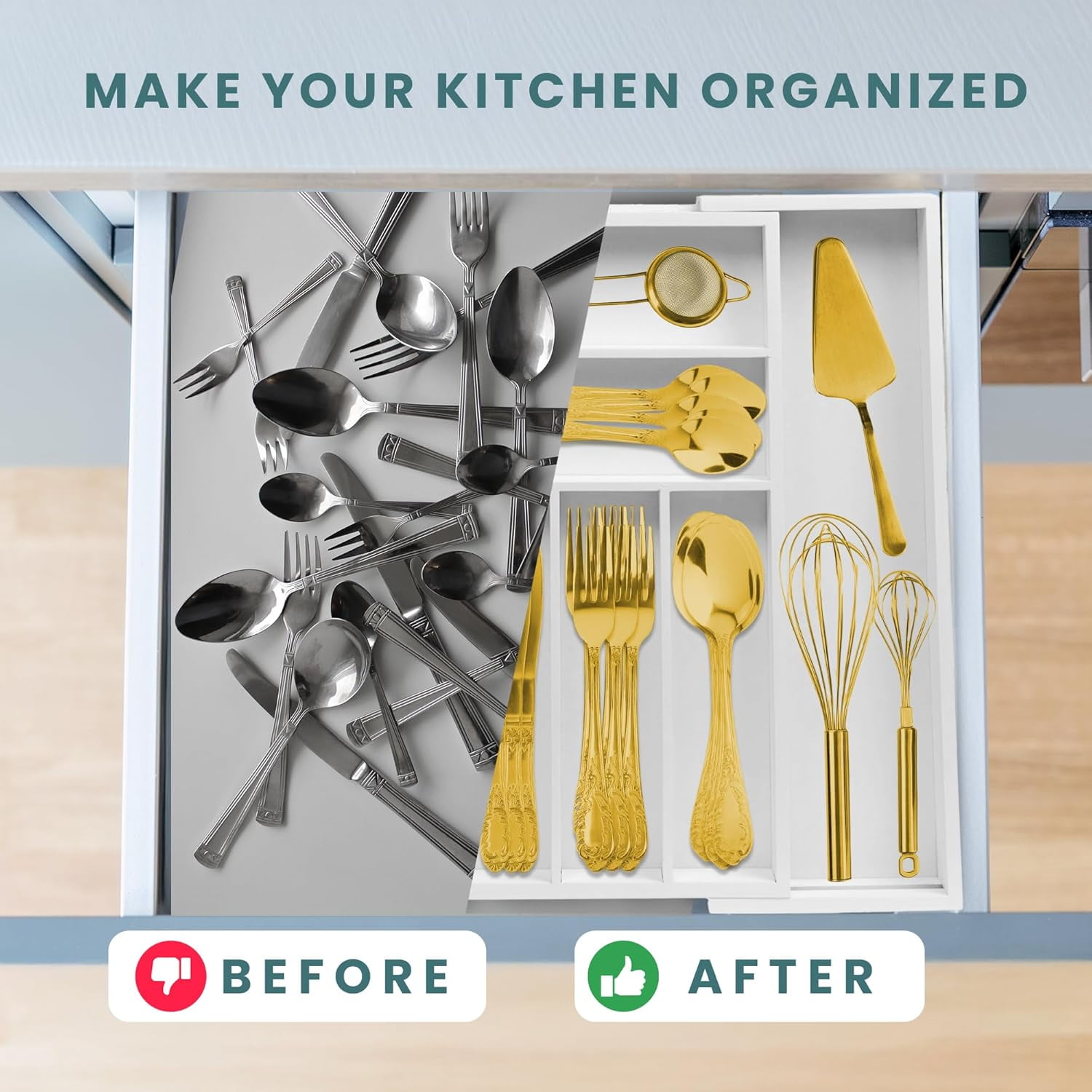 Sben Expandable Drawer Organizer for Utensils Holder, Adjustable Cutlery Tray, Wood Drawer Dividers Organizer for Silverware, Flatware, Knives for Kitchen (White)