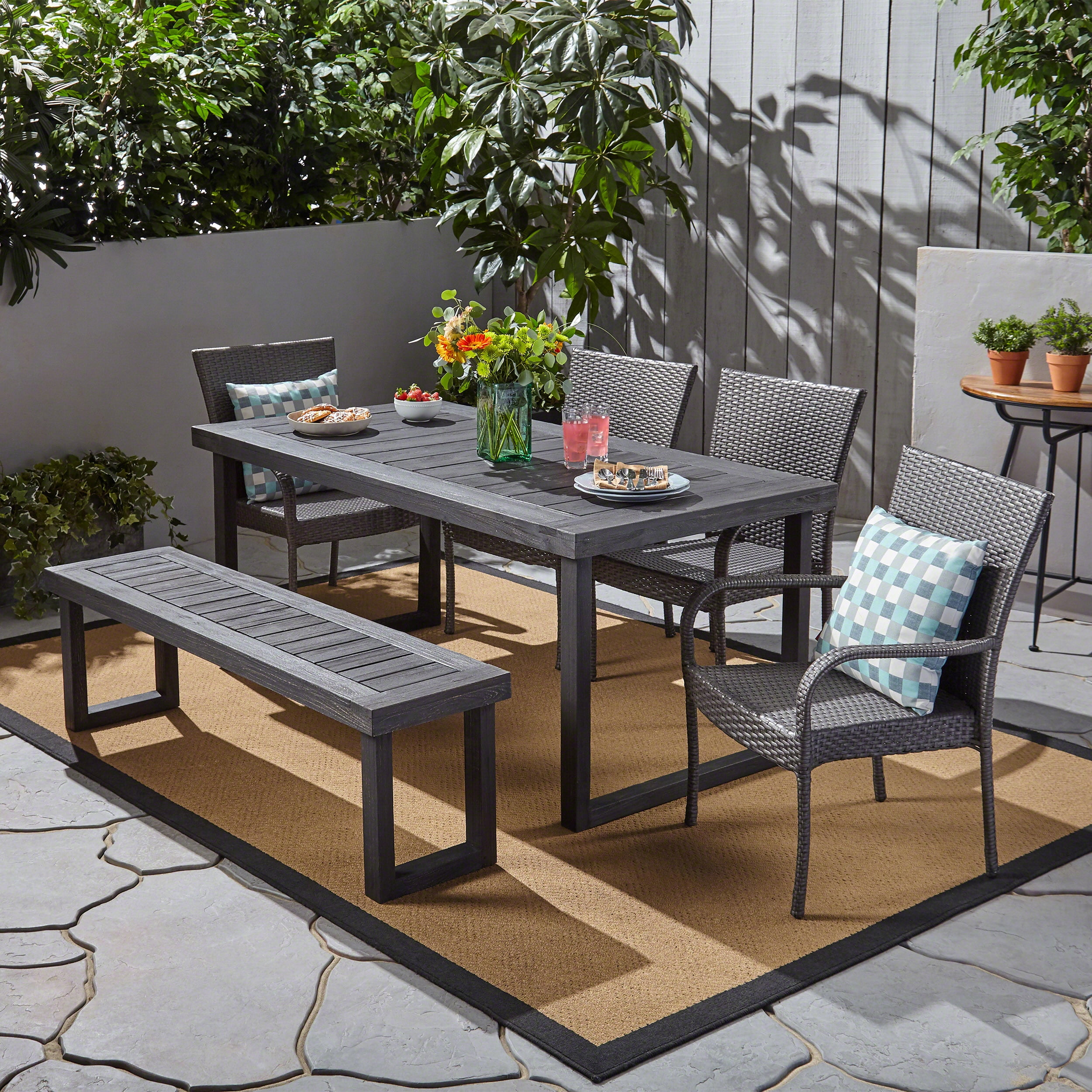 Zoe Outdoor 6 Piece Acacia Wood Dining Set with Bench and ...
