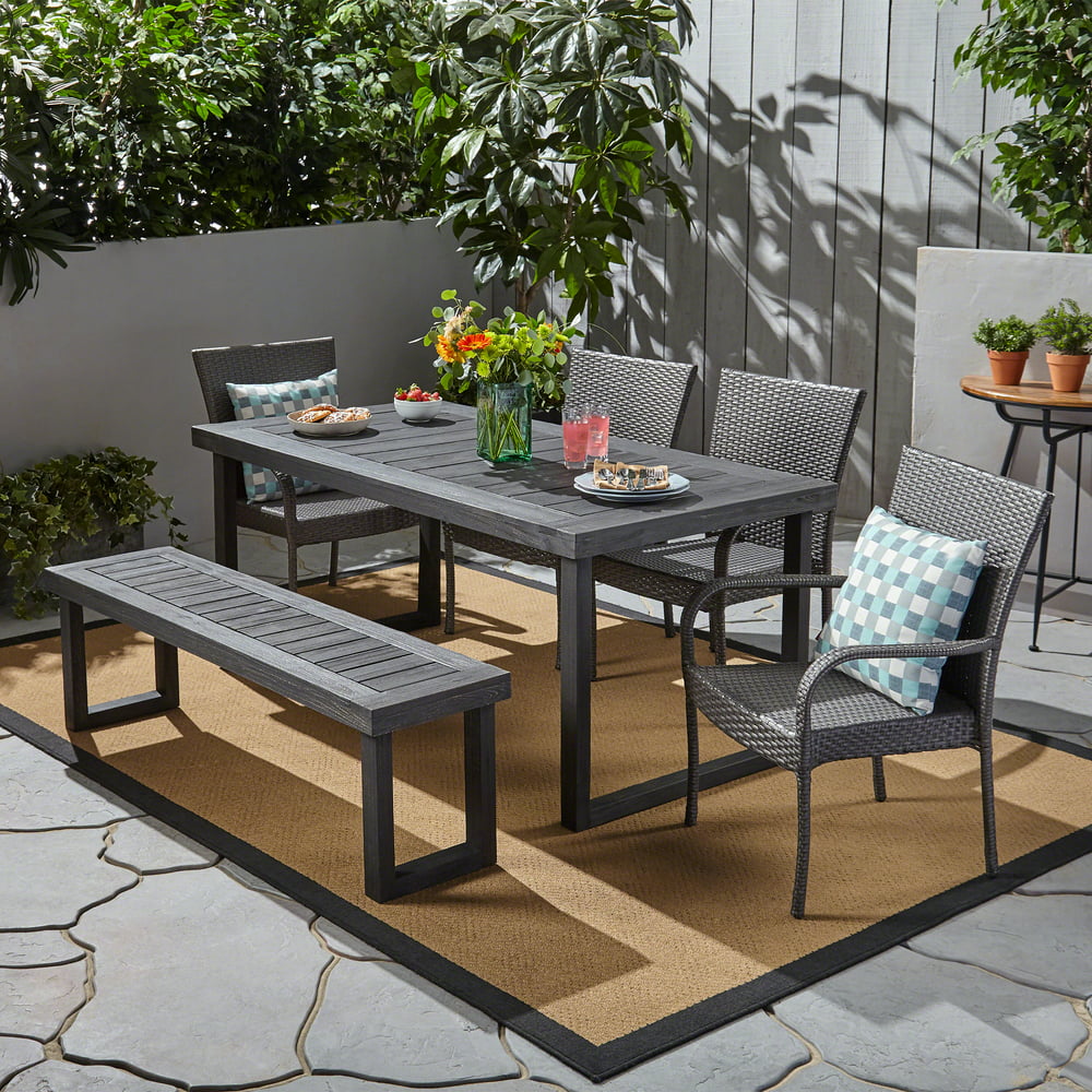 Zoe Outdoor 6 Piece Acacia Wood Dining Set with Bench and Wicker