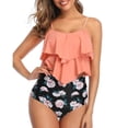thumbnail image 1 of Traje de baño de dos piezas para mujer, tirantes finos, dobladillo con volantes, estampado de dos piezas, cintura alta, acolchado, traje de baño inalámbrico, estampado de flores rosa M, 1 of 6