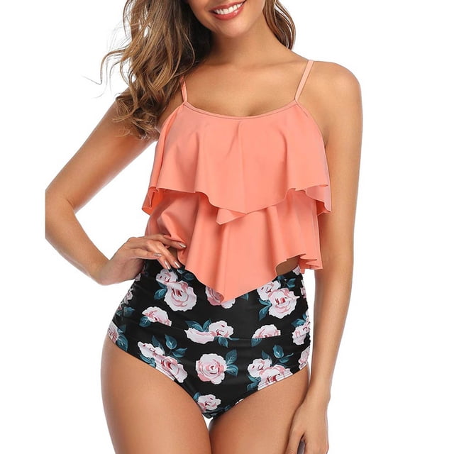 Traje de baño de dos piezas para mujer, tirantes finos, dobladillo con volantes, estampado de dos piezas, cintura alta, acolchado, traje de baño inalámbrico, estampado de flores rosa M