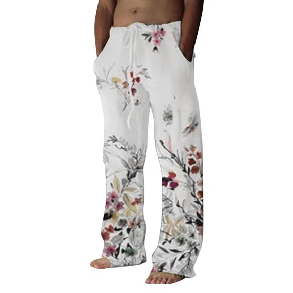 Outfmvch Linen Pants Skorts for Women Casual Summer Mens Fashion Casual Printed Linen Pocket Lace Up Pants Large Size Pants Men's Pants White Xxxl
