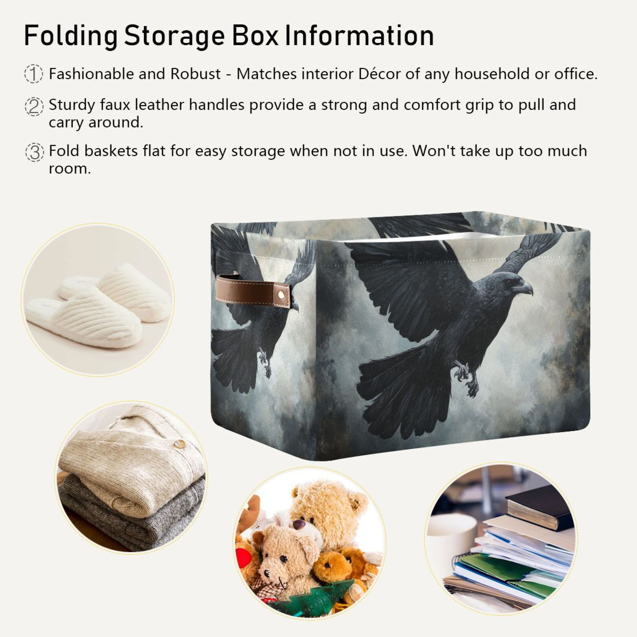 WOBOGO Black Bird Square Storage Basket with Waterproof Canvas and PE Lining Durable PU Leather Handles 14.2×10.2×8.3in