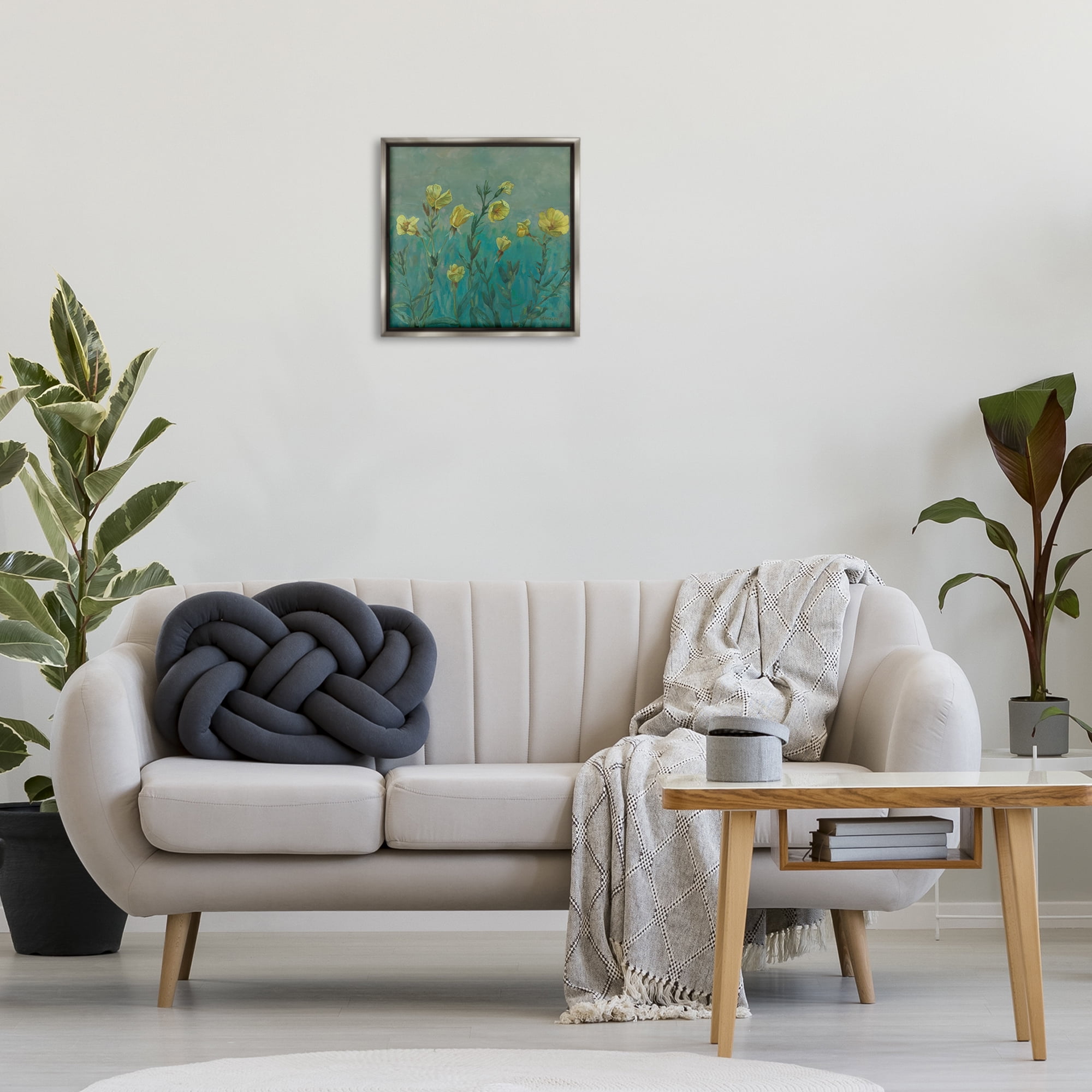 Stupell Industries Floral Buttercup Meadow Landscape & Nature Painting Gray Floater Framed Canvas Art Print Wall Art, 18 x 18