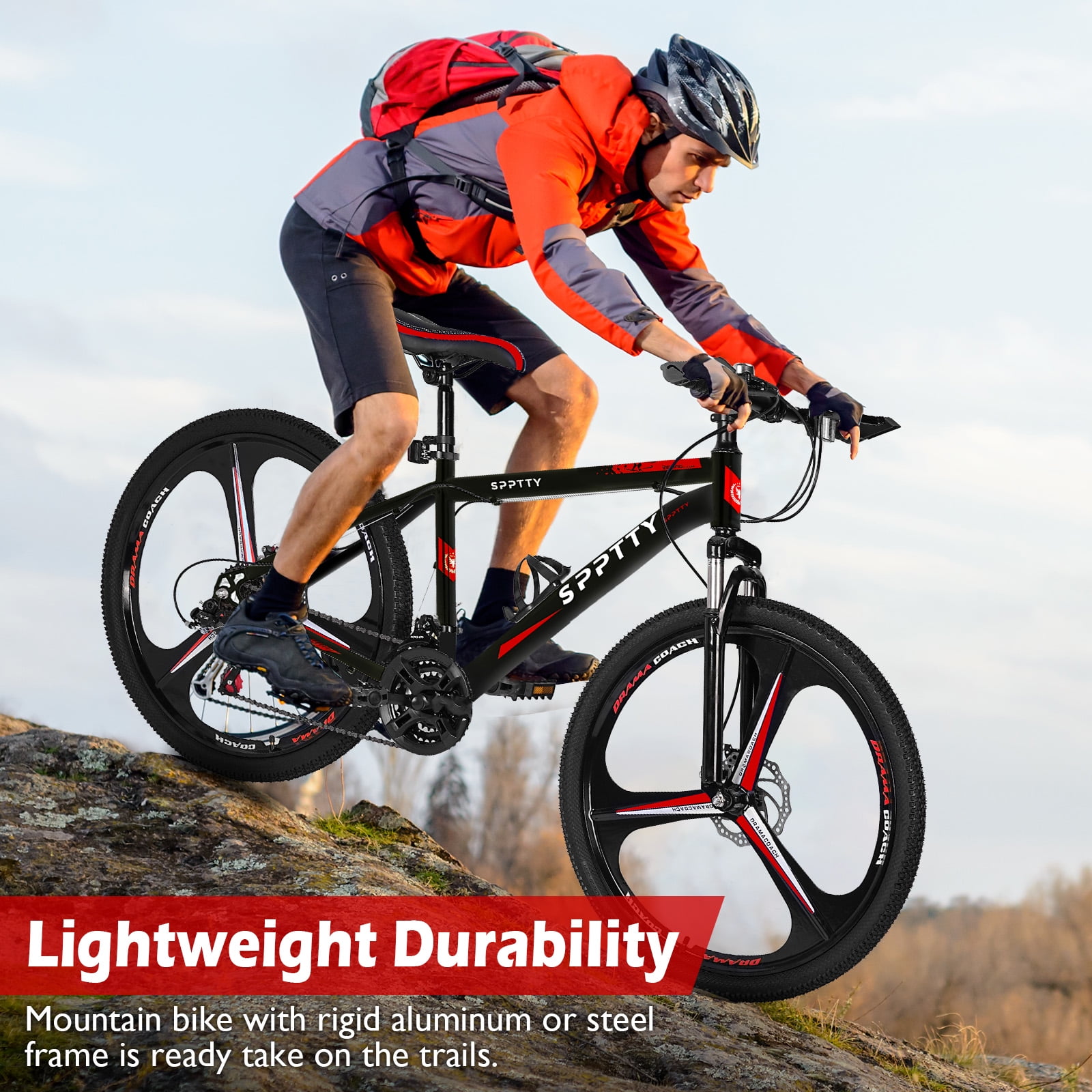 SPPTTY 26" Mountain Bike,24 Speeds Aluminum Bikes for Men Women,Bicycles with Disc Brake,3 Spokes Unibody Ring