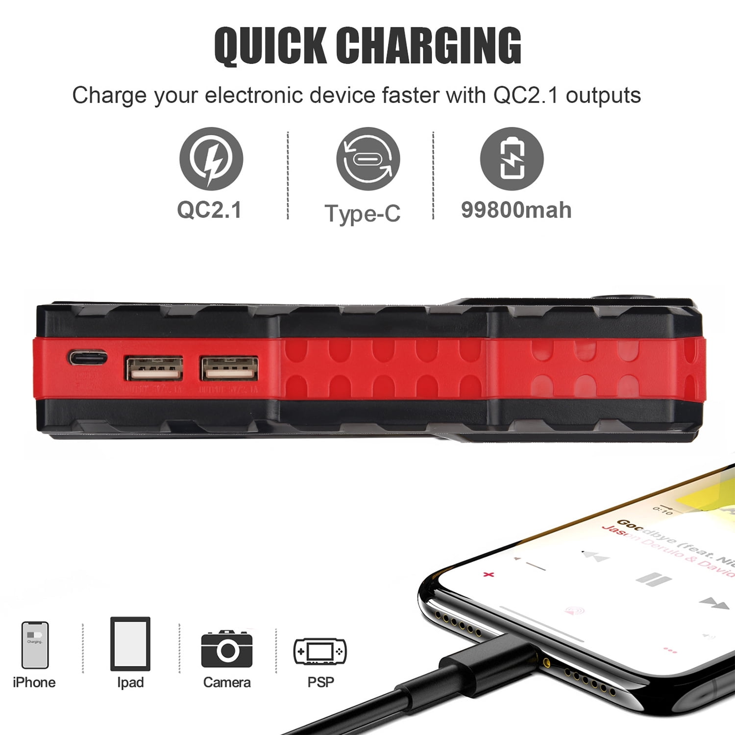 Multi-functional Car Jump Starter, 5000A Peak 99800mAh Battery Jump Starter, 12V Car Battery Charger, Auto Battery Booster w/ LCD Display & 3 LED Modes, Portable Power Bank Charger
