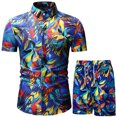 thumbnail image 1 of xiaxaixu Men Beach Outfits Printed Lapel Button Down Shirt + Drawstring Shorts, 1 of 6