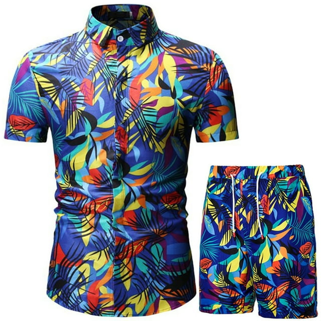 xiaxaixu Men Beach Outfits Printed Lapel Button Down Shirt + Drawstring Shorts