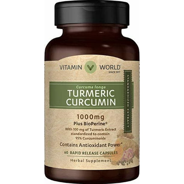 Vitamin World Turmeric Curcumin 1000 mg 60 Capsules, BioPerine Black