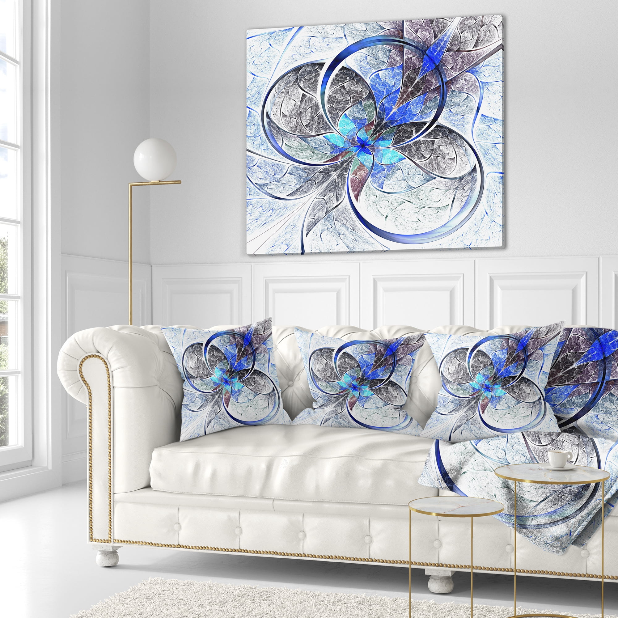 Designart Symmetrical Blue Fractal Flower - Abstract Throw Pillow - 16x16