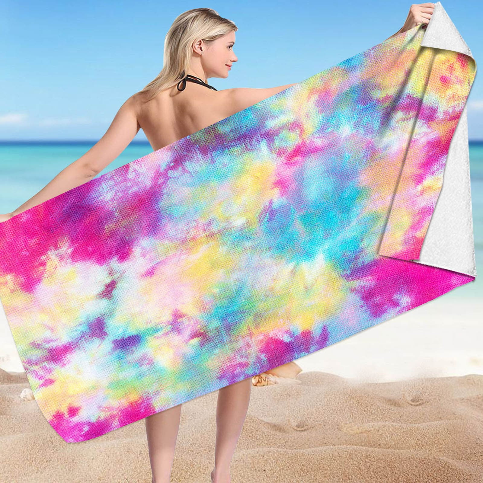 EQWLJWE Tie Dye Beach Towel Rainbow Color Microfiber Beach Towel