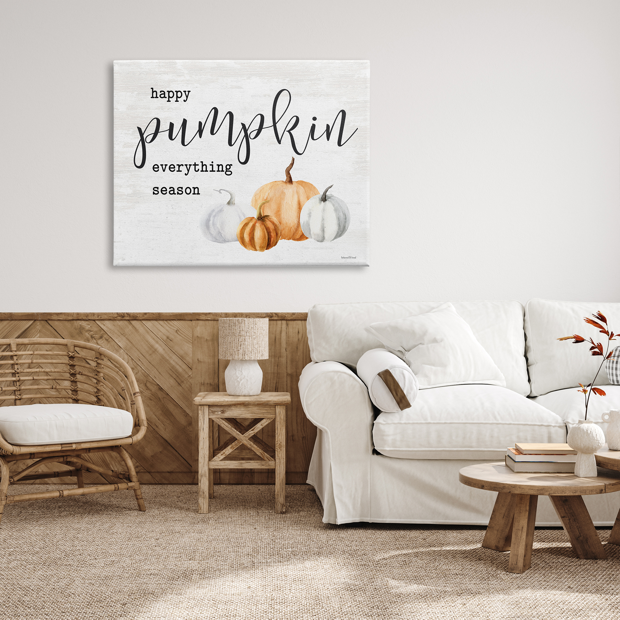 Stupell Industries Happy Pumpkin Everything Season Phrase Autumn Harvest Gourds, 48 x 36, Design by Lettered and Lined