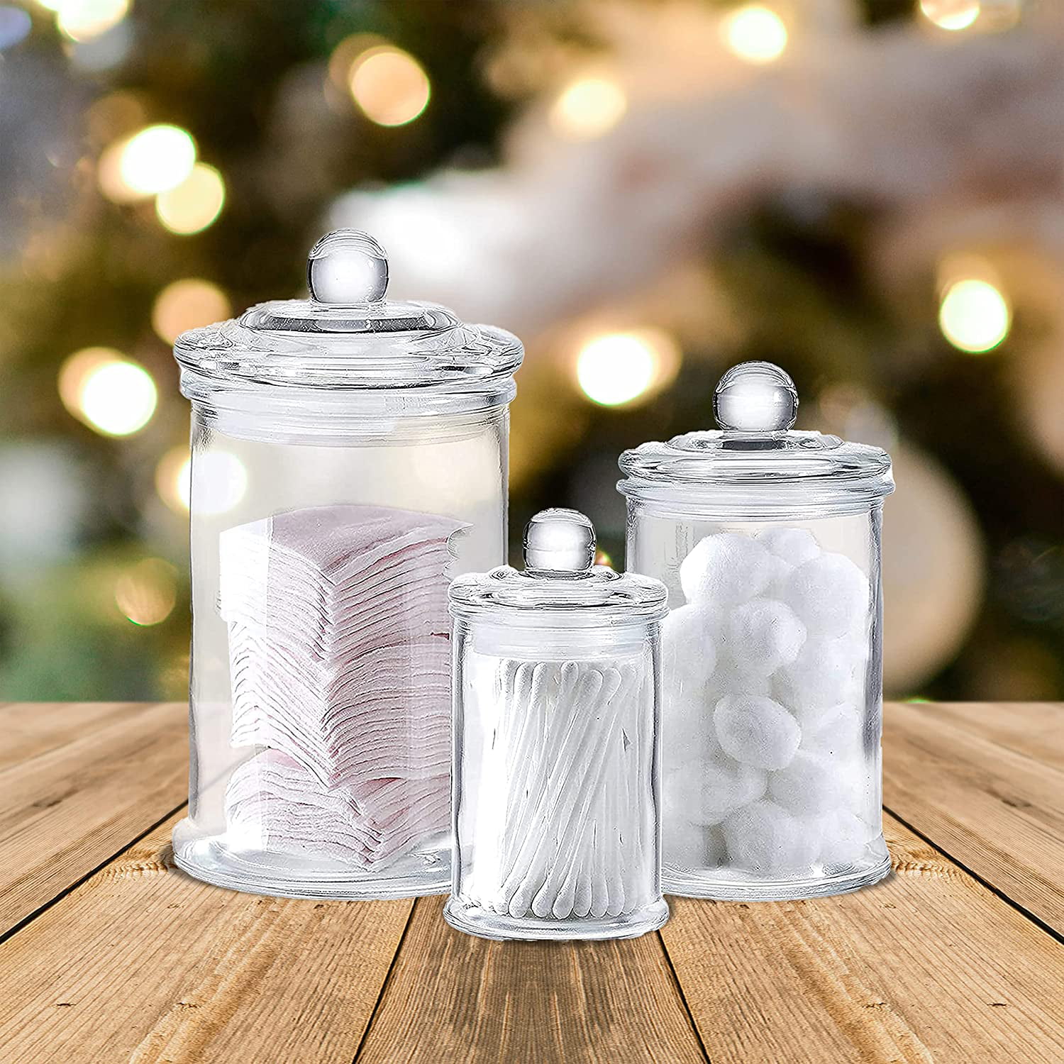 Whole Housewares | Set of 3 Bathroom Canisters - Storage Container Jars -  Premium Glass Apothecary Jars with Lids - Small Glass Jars for Kitchen or