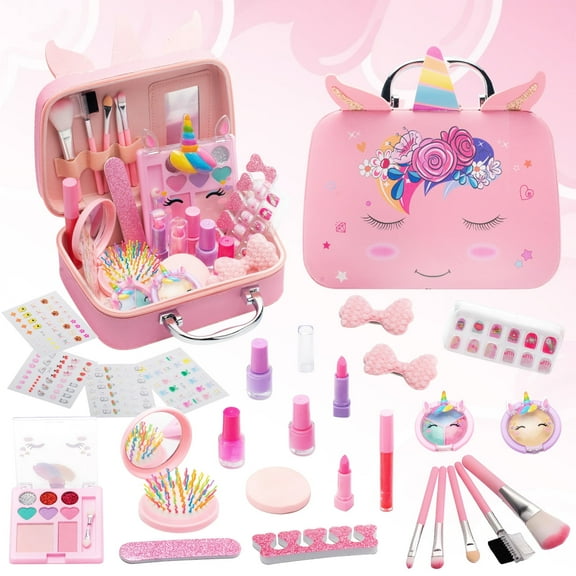 Syenll Kids Makeup Kit for Girls, Real Washable Makeup Toys with Cosmetic Case, Play Makeup Toys Birthday Gifts for 3-12 Year Old Girls, Pink