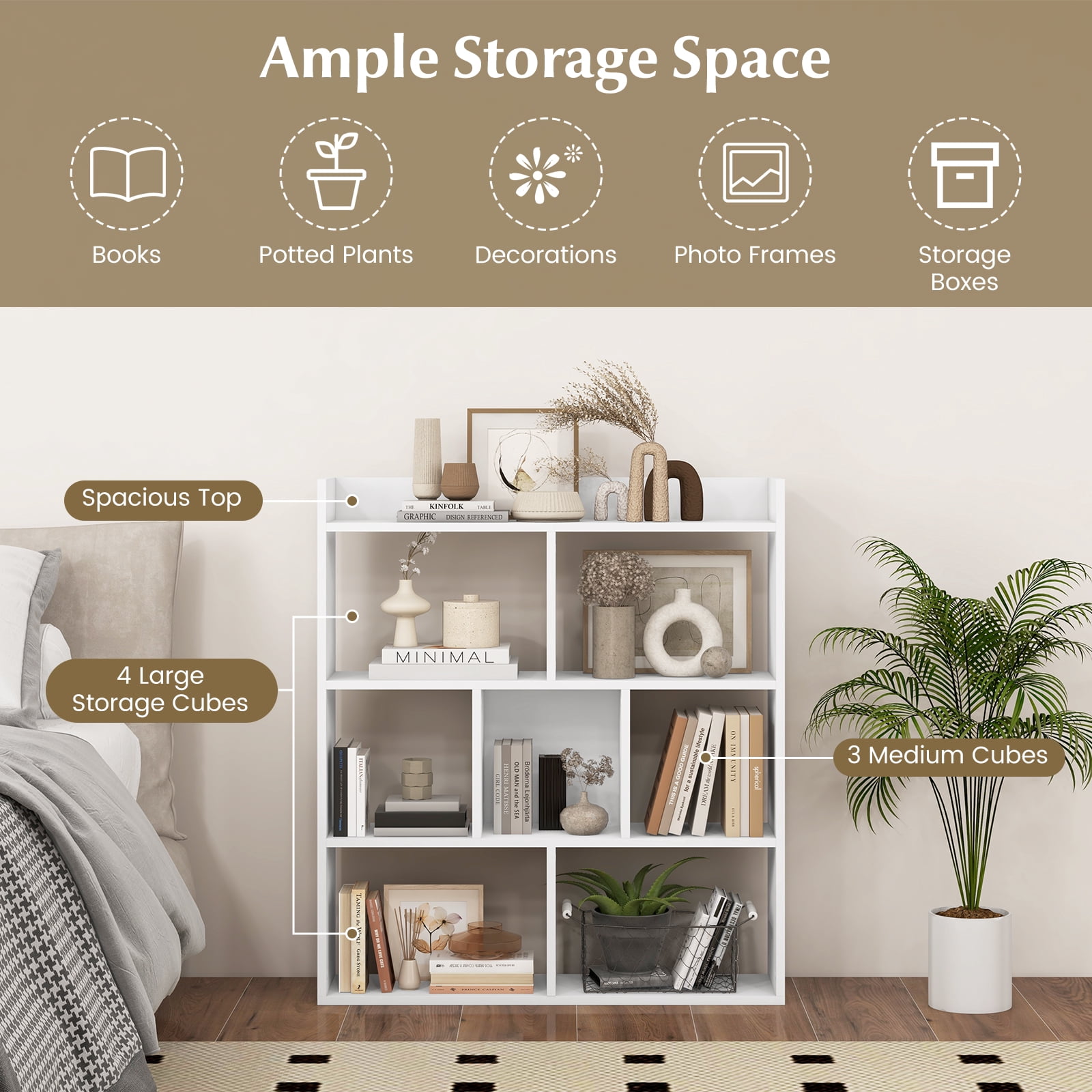 Giantex 7 Cube Bookshelf, Free-Standing Wooden Bookcase, 4 Tier Home Display Shelf, Horizontal Storage Unit for Home