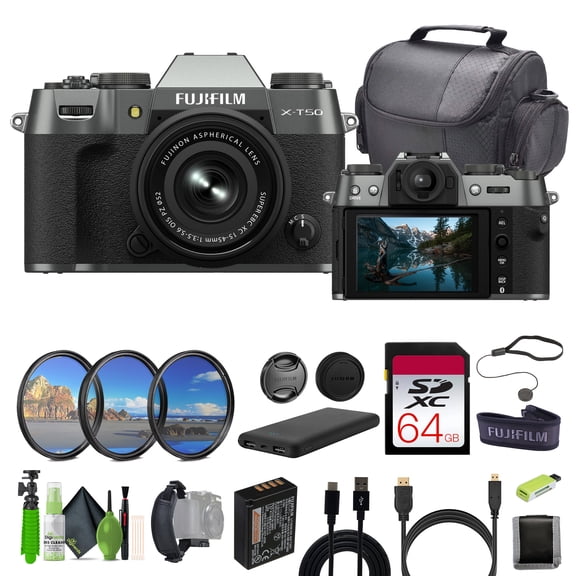 Fujifilm X-T50 Mirrorless Digital Camera XC15-45mmF3.5-5.6 OIS PZ Lens Bundle Kit With 64GB Memory Card   Filter Kit   Cleaning Kit   Camara Bag   More Accessories - Charcoal Silver