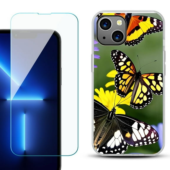 Slim-Fit TPU Phone Case for iPhone 14 Plus, with Tempered Glass Screen Protector, by OneToughShield ® - Butterfly Flower