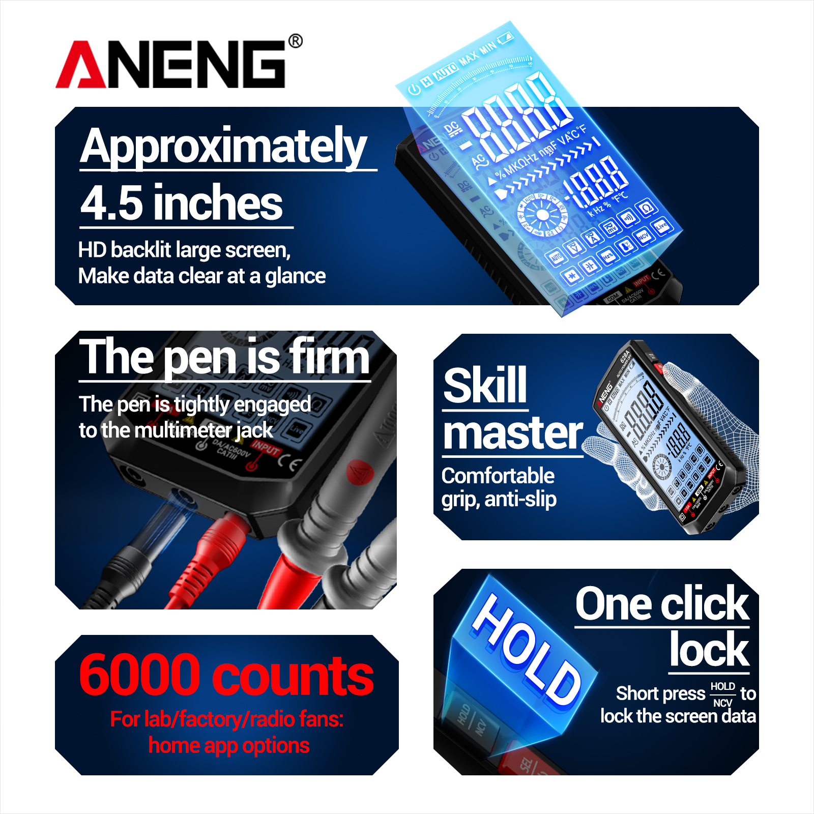 ANENG Digital Multimeter 628A 4.5" Large Backlit Screen
