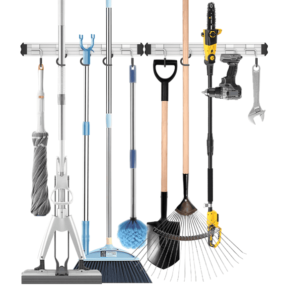 Gintenco Mop and Broom Holder Wall Mount Garden Tool Rack Organizer, Movable Aluminum Hook 2 Pack,Storage Gift for Bathroom,Closet,Laundry Room,Garage,Tool Room(Black)