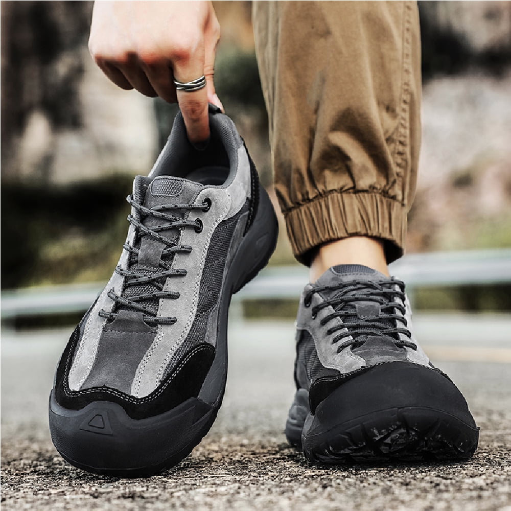 Mens Leather Outdoor Hiking Shoes Casual Breathable Sneakers Non-slip Wearable Work Shoes Comfortable Driving Shoes Gray 8 UK