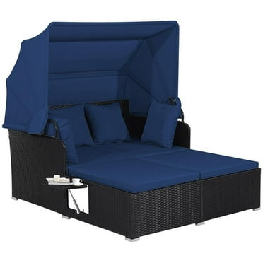 Pemberly Row Patio Rattan Daybed Lounge Retractable Top Canopy in Navy