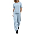 thumbnail image 2 of Zynoxe Summer Sets for Women Comfortable Round Neck Short Sleeve Top Long Pant Suit Relaxed Fit Womens Sets 2 Piece Outfits Versatile Casual Solid Color Loungewear Set 2XL, 2 of 8