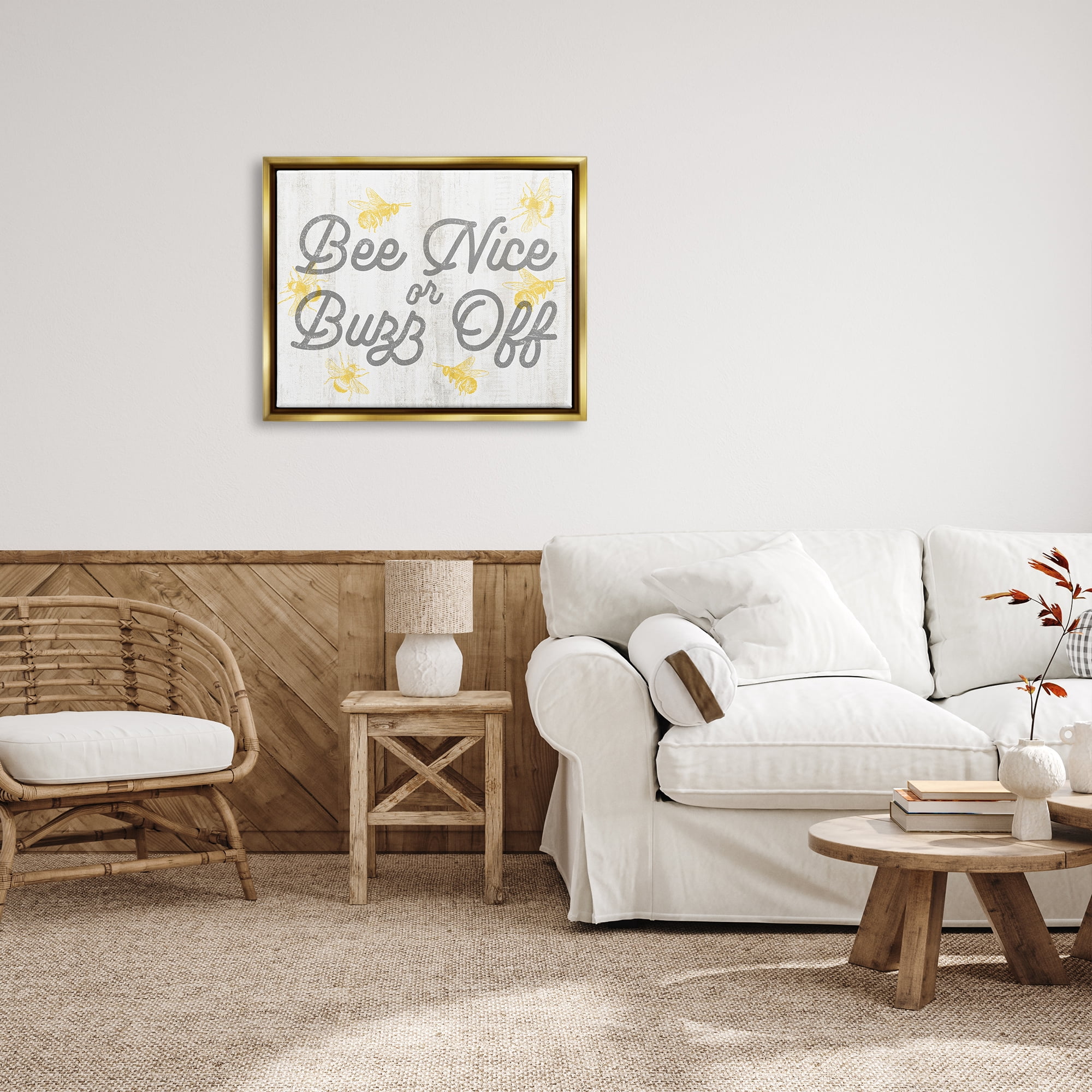 Stupell Industries Bee Nice or Buzz Off Phrase Animals & Insects Painting Gold Floater Framed Art Print Wall Art, 31 x 25