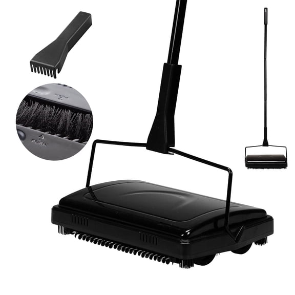 Reecoo Non-Electric Manual Carpet Sweeper with Bristle Brush and Roller Broom for Low Pile Carpets，Black
