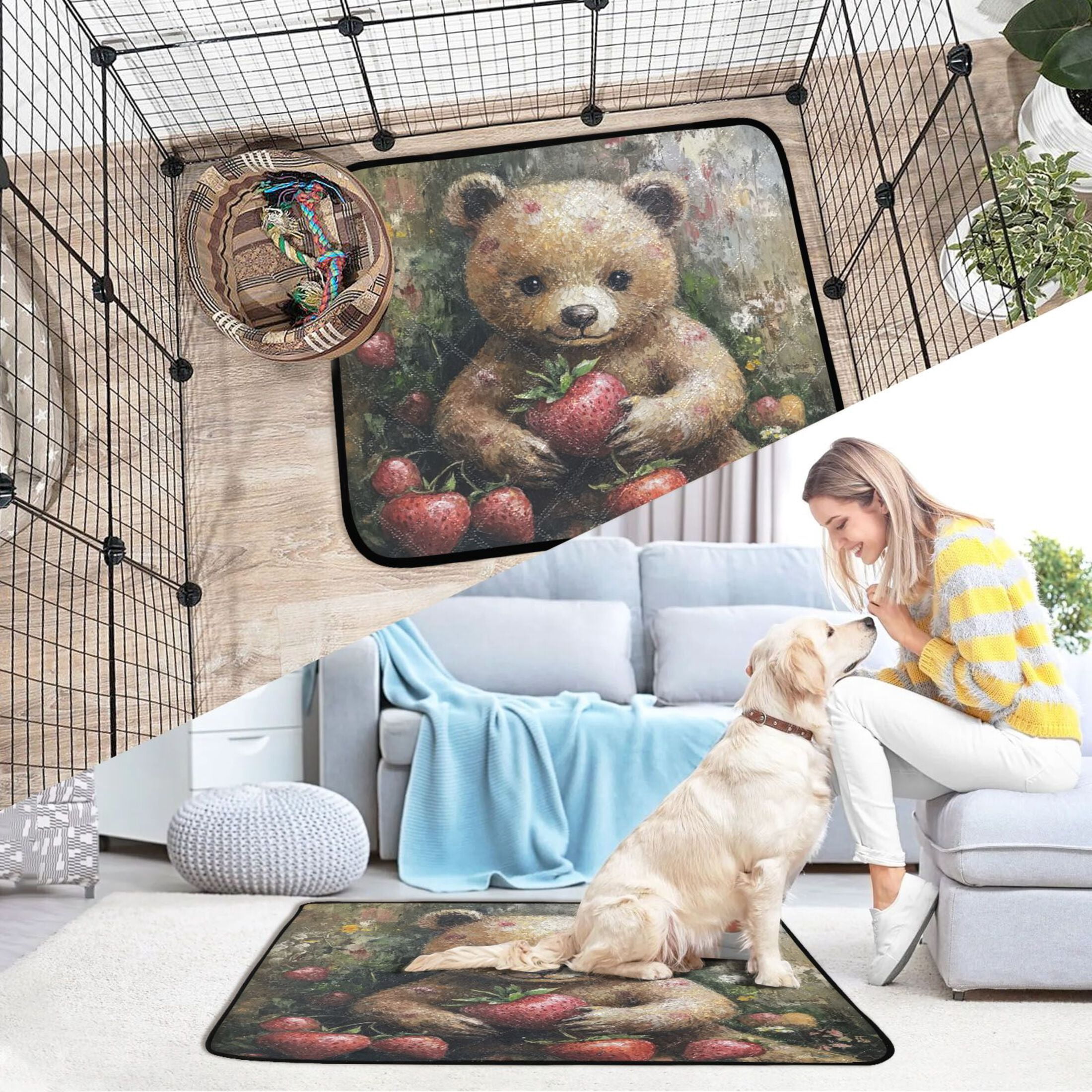 Qxltty Adorable Strawberry Bear Cat litter Pads Pet Set of 3 Diaper Mats Center Anti-leakage Layer Absorbent Soft and Comfortable