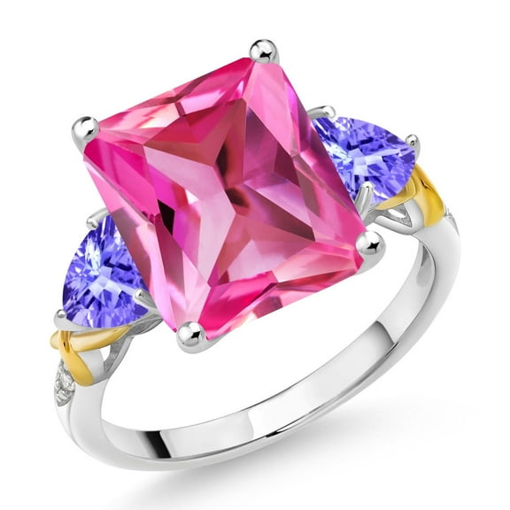 Gem Stone King 925 Silver and 10K Yellow Gold Pink Created Sapphire Blue Tanzanite and Diamond 3 Stone Ring for Women (7.42 Cttw, Gemstone September Birthstone, Emerald Cut 12X10MM, Size 9)