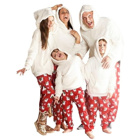 

Fanvereka Family Matching Christmas Pajamas White Long Sleeve Plush Hooded Tops + Red Cartoon Print Pants Sets