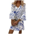 thumbnail image 2 of Robes de Plage pour Femmes Mode Nouvelle Mode Femmes Été Décontracté Col en V Imprimé Manches 3/4 Pli Robe Mini pour Été Décontracté Rendez-Vous Vacances Plage, 2 of 6