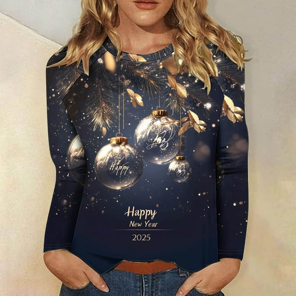 xixinqiwan Happy New Year 2025,Women's Fashion New Year Long Sleeve V-Neck Top 2025 Printed Holidays T-shirts